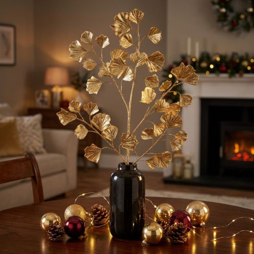 Gingko branch decorative artificial plant bronze glitter 84cm | Floristik24.ie