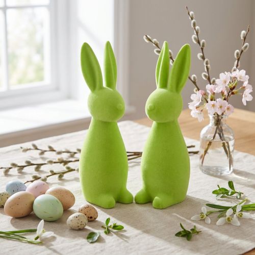 Flocked bunnies, apple green, Easter table decoration, 8×10×29cm, 2 pieces | Floristik24.ie