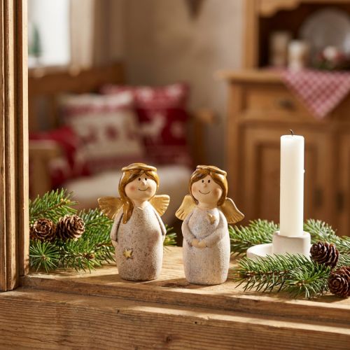 Enchanting ceramic angel duo in cream-white with gold accents – 8.6 cm – Heavenly decorative figures – 2 pieces | Floristik24.ie