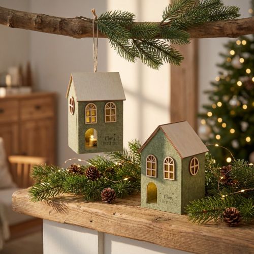 Felt House Christmas Tree Ornament Green LED Decoration 2-Piece Set | Floristik24.ie