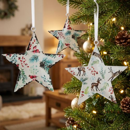 Christmas ornaments: star, deer, pine branches, berries, Ø8cm, set of 6 decorative hangers, Christmas tree ornaments | Floristik24.ie