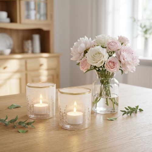 Lantern glass tealight holder floral pattern Ø8cm H9cm 2pcs | Floristik24.ie