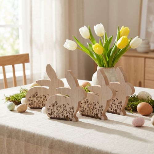 Easter bunnies wooden rabbits sitting natural brown 18.5×18cm 4 pcs | Floristik24.ie