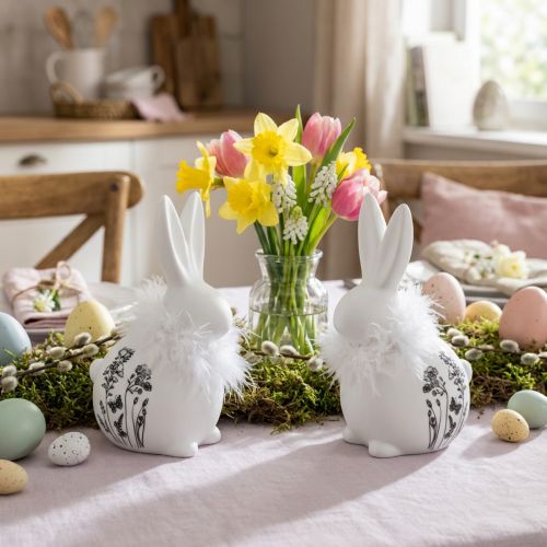 Ceramic Rabbit White Sitting Flowers Feathers 9×7×14cm 2pcs | Floristik24.ie