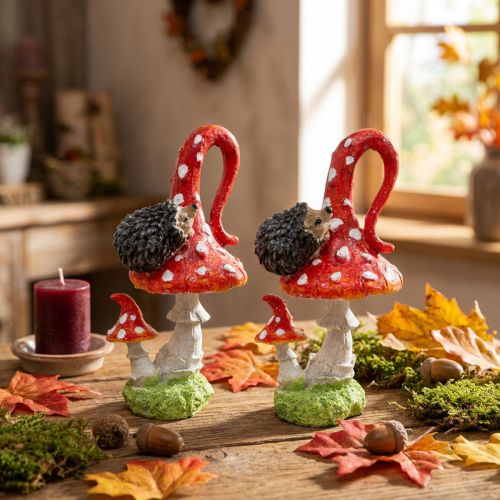 Fly agaric with hedgehog decoration mushroom autumn decoration H14cm 2pcs | Floristik24.ie