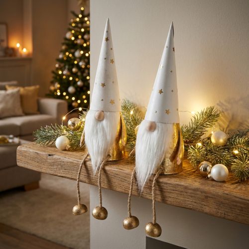 Gnome Christmas Decoration Figure White, Gold Ø6.5cm H22cm 2 pcs | Floristik24.ie
