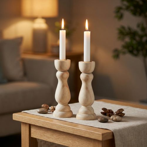 Candle holder wooden table decoration for taper candles H17cm 2 pcs | Floristik24.ie