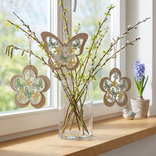 Butterfly to hang, wooden pendant flower, spring decoration with glitter H11/14.5cm 4pcs | Floristik24.ie