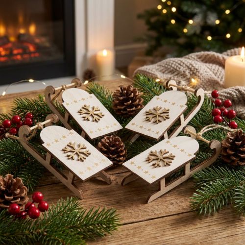 Christmas sleigh wood white/gold 15.5x6.5x4cm 4pcs | Floristik24.ie