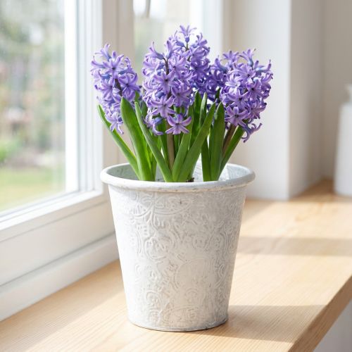 Plant pot with ornaments, cachepot, metal container, white, Ø15.5cm, H14.5cm | Floristik24.ie