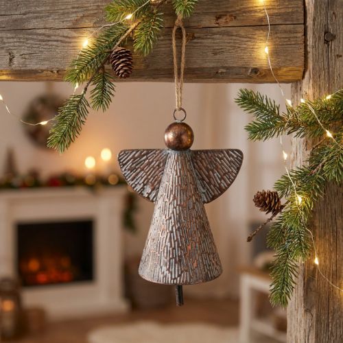 Decorative Guardian Angel Metal Bell Bronze White Vintage Shabby Chic 21x13.5x24cm | Floristik24.ie