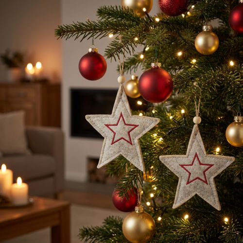 Felt star Christmas tree ornaments, beige and red, 13cm, set of 6. | Floristik24.ie