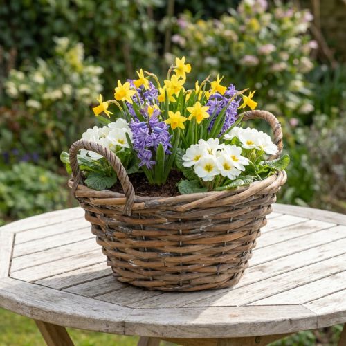 Flower decoration, wooden basket with handles, natural planter, white washed H12cm Ø24cm | Floristik24.ie