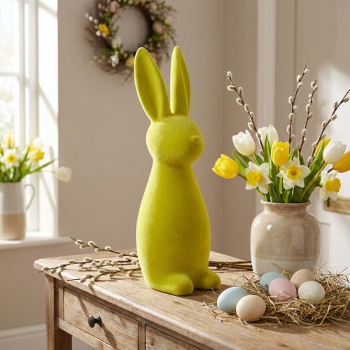 Easter bunny decoration, yellow-green, standing, flocked, 15×15.5×47cm | Floristik24.ie