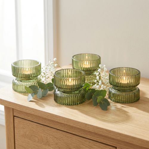 Glass tealight holders, decorative, ribbed, green, Ø9cm, H7cm, 4 pieces | Floristik24.ie