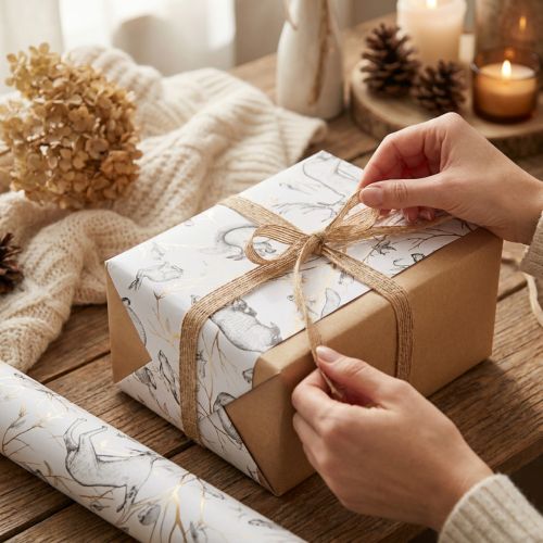 Product Gift wrap animals white grey gold autumn winter 200cm