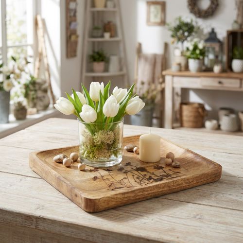 Decorative tray made of mango wood with floral pattern, tray 25×20cm | Floristik24.ie