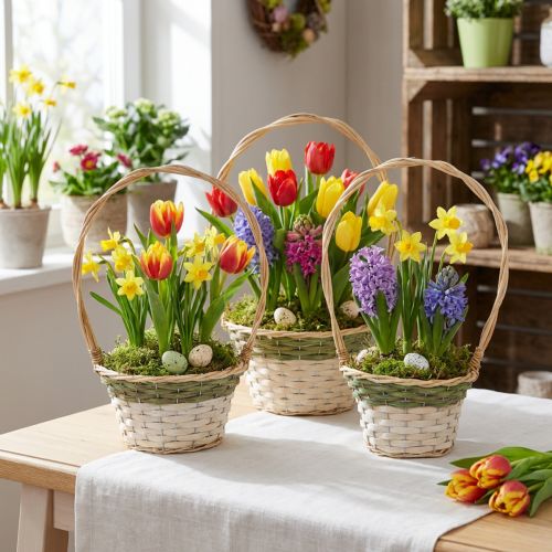 Flower basket Henkel Natural Green Grey White Ø18–26cm Set of 3 | Floristik24.ie