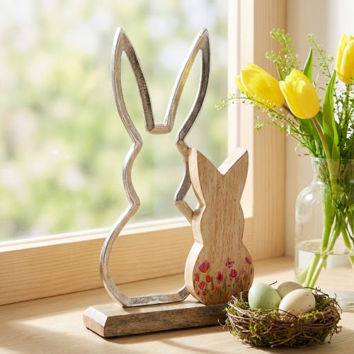 Rabbit mother with child rabbit decoration natural silver 26.5cm | Floristik24.ie