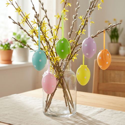Easter eggs hanging plastic eggs with dots 8x11,5cm 6pcs | Floristik24.ie