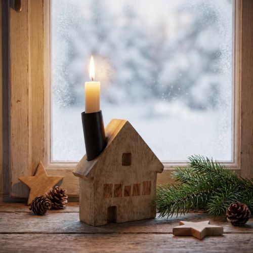 Decorative wooden house candle holder, black, 10.5×3.5×13cm | Floristik24.ie