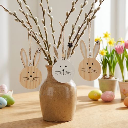 Decorative hanger wooden rabbit head natural white gold 10.5cm 8 pcs | Floristik24.ie