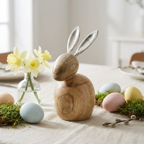 Rabbit decoration wood metal silver Easter 12,5x14x16,5cm | Floristik24.ie