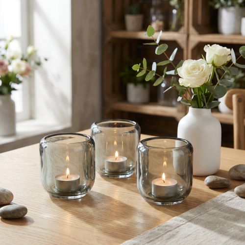 Glass tealight holders in grey with a ribbed design, 8cm, 6 pieces | Floristik24.ie