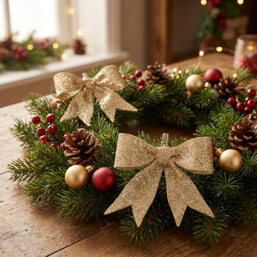 Product Glitter bow, decorative bow, gold with clip, 11cm, 4 pieces