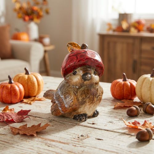 Product Decorative bird figurine with red apple cap, autumn decoration, 13cm