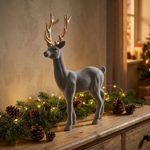 Decorative deer decorative figure decorative reindeer flocked gray H37cm | Floristik24.ie