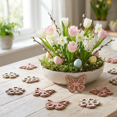 Scatter decoration wood flowers/butterflies white/pink Ø4cm 36p | Floristik24.ie