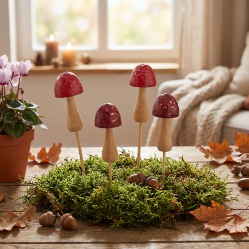 Flower stakes, mushroom design, wooden stakes, red, Ø2.5cm, 8 pieces | Floristik24.ie