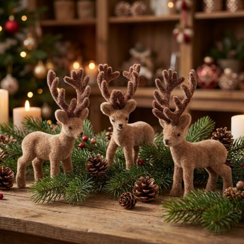 Decoration deer mini brown flocked 11cm 6 pcs | Floristik24.ie