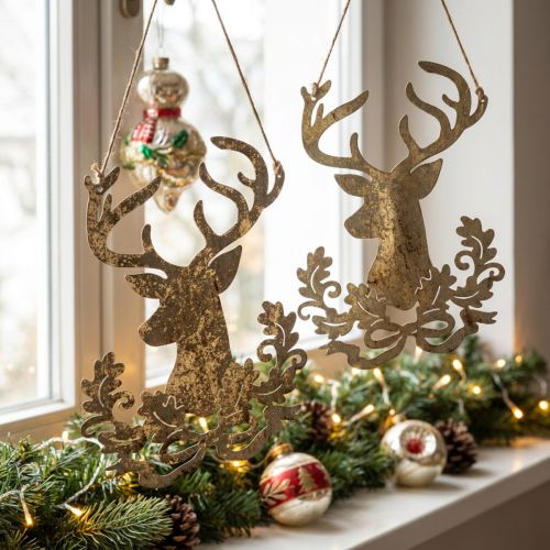 Reindeer for hanging, Christmas decoration, deer head, metal pendant golden antique look H23cm 2 pcs | Floristik24.ie
