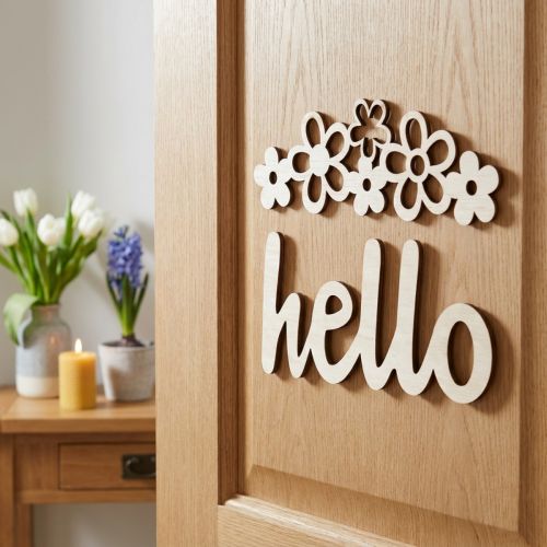 Wooden decoration flowers "Hello" nature deco sign with magnet 18/19.5cm 6pcs | Floristik24.ie