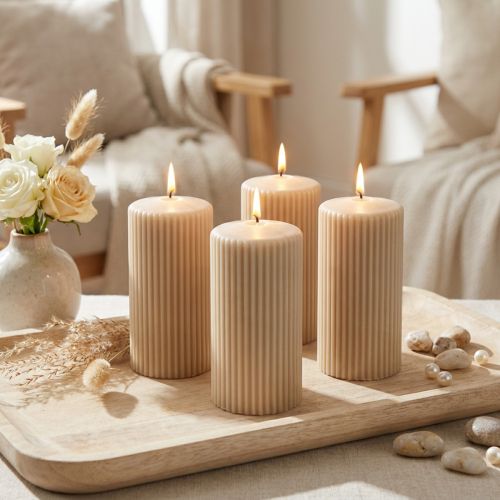 Pillar candles, beige, grooved, 70/130mm, 4 pieces | Floristik24.ie
