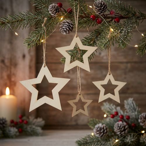 Wooden stars decoration hanging wooden star natural 6/8/10/12cm 16 pcs | Floristik24.ie