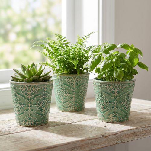 Planter ceramic crackle glaze green Ø11cm H11cm 3pcs | Floristik24.ie