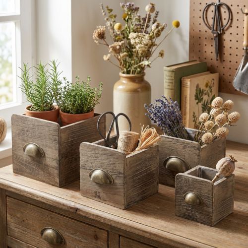 Wooden drawer set with handles, brown-washed - rustic storage, set of 4 in various sizes | Floristik24.ie