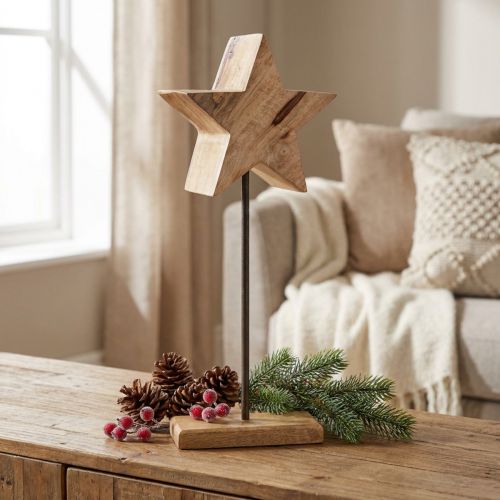 Wooden star natural with stick base star decoration 20x9.5x50cm | Floristik24.ie