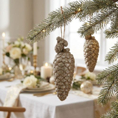 Cones with glitter light gold 14cm 3pcs | Floristik24.ie