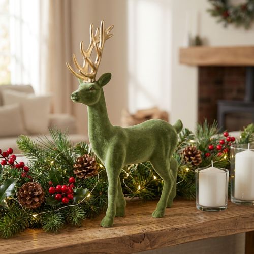 Decorative deer decorative figure decorative reindeer flocked green H37cm | Floristik24.ie
