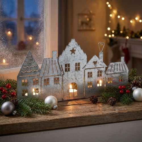 Christmas decoration houses, tealight holder metal silver 25cm | Floristik24.ie