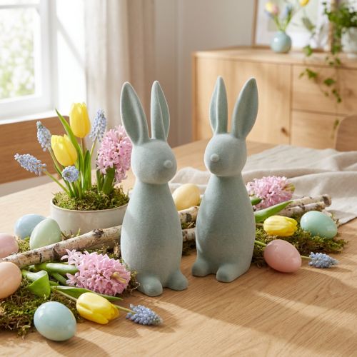 Decorative Easter Bunny, Flocked, Grey-Green, H29.5cm, 2 Pieces | Floristik24.ie