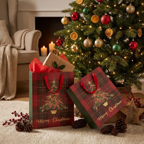 Christmas bag with handles checked Christmas tree 26×32×10cm 4pcs | Floristik24.ie