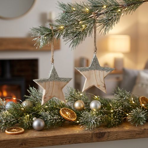 Decorative hanger wooden star mica 14.5cm 2pcs | Floristik24.ie