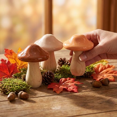 Decorative wooden mushrooms, brown, beige, orange, Ø7.5cm, H10cm, 3 pieces | Floristik24.ie
