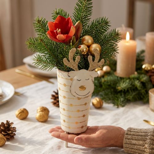 Reindeer plant pot, Advent decoration, metal decoration, planter for Christmas white, golden H28cm Ø8.5cm | Floristik24.ie