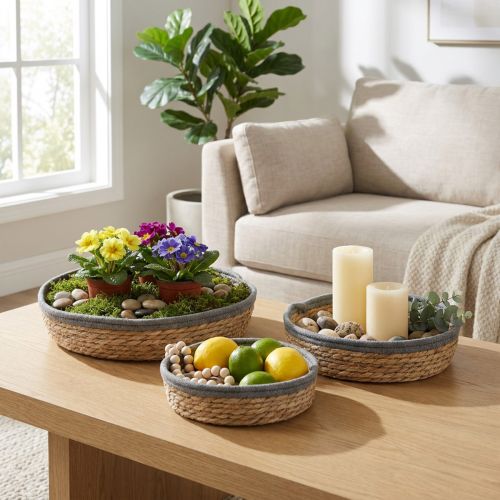 Round basket tray set, natural, woven plant bowls & decorative tray, 3-piece set Ø33/30/25cm H8/7cm | Floristik24.ie